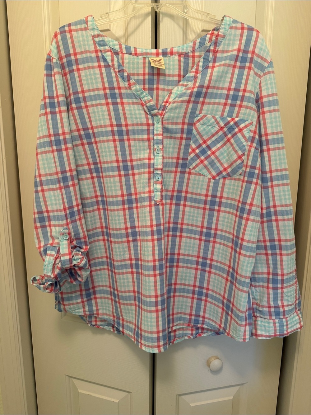 Faded Glory Plaid Henley Top in Light Blue and Pink - Picture 1 of 3